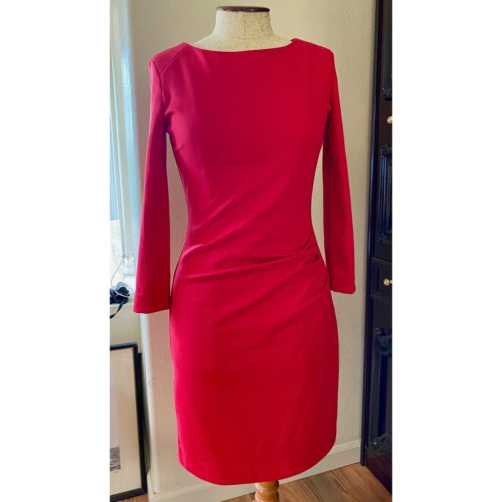 MNG by Mango Red Stretch Sheath Cocktail Party Dress 3/4 Sleeve Medium